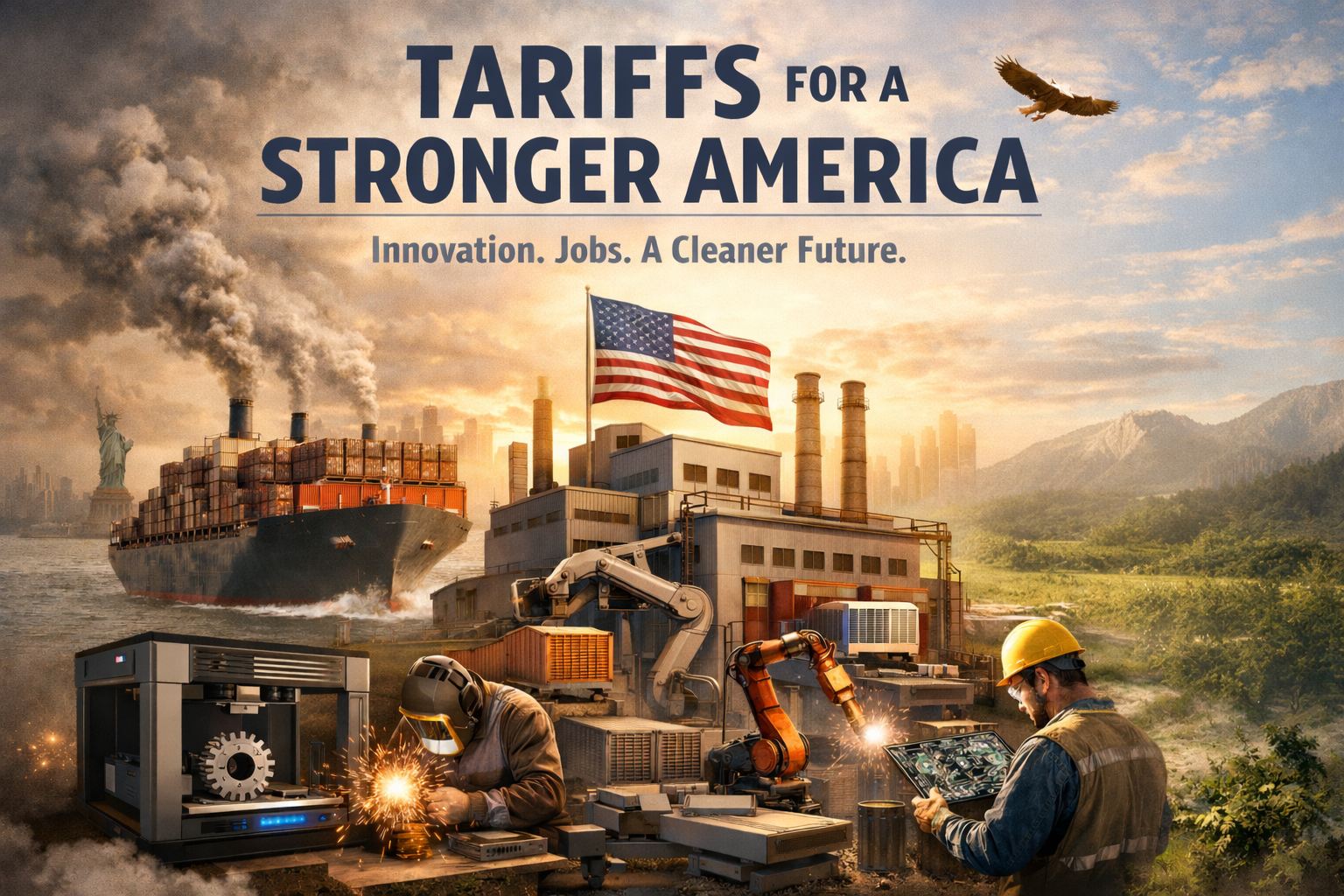 Illustration of American manufacturing revival with factory workers, a 3D printer, robots, renewable energy, and a cargo ship representing global trade.