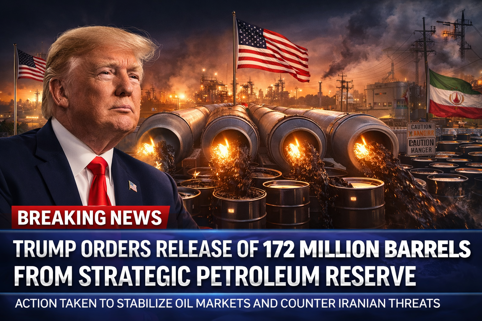 Donald Trump with oil pipelines releasing crude from the Strategic Petroleum Reserve and U.S. flags in the background with a breaking news banner about a 172 million barrel oil release.