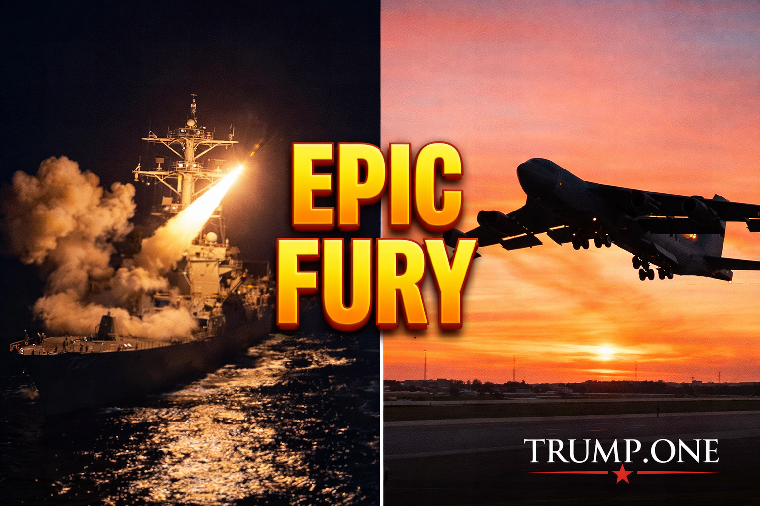 U.S. Navy destroyer launching a missile at sea next to a military aircraft taking off at sunset with the words “Epic Fury” and a Trump.one watermark.