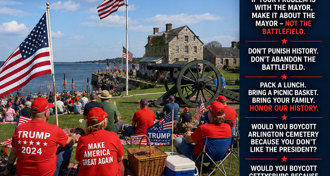 Patriotic poster showing people in red hats and MAGA shirts gathered with American flags near a historic waterfront battlefield and cannon at Sackets Harbor, with bold text encouraging patriots to show up and honor the battle.
