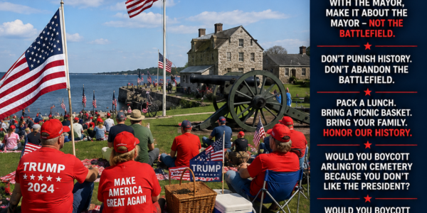 Patriotic poster showing people in red hats and MAGA shirts gathered with American flags near a historic waterfront battlefield and cannon at Sackets Harbor, with bold text encouraging patriots to show up and honor the battle.