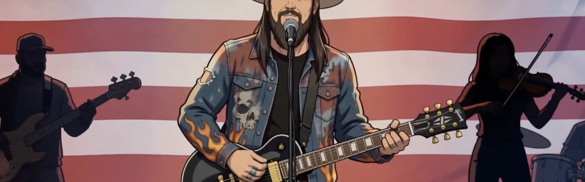 Animated musician wearing a cowboy hat and denim jacket plays a black electric guitar and sings into a microphone on stage, with a large American flag behind him and silhouetted band members in the background.
