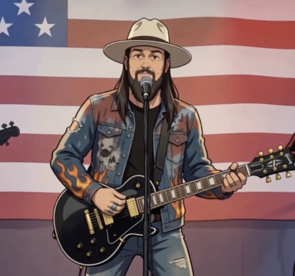 Animated musician wearing a cowboy hat and denim jacket plays a black electric guitar and sings into a microphone on stage, with a large American flag behind him and silhouetted band members in the background.