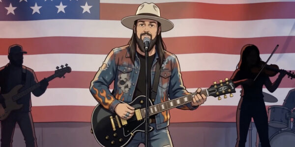 Animated musician wearing a cowboy hat and denim jacket plays a black electric guitar and sings into a microphone on stage, with a large American flag behind him and silhouetted band members in the background.